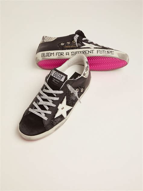super star sneakers with glitter and handwritten lettering